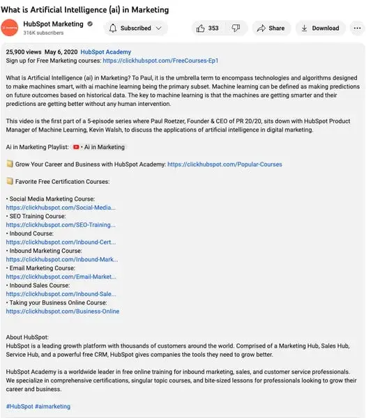 youtube description, hubspot