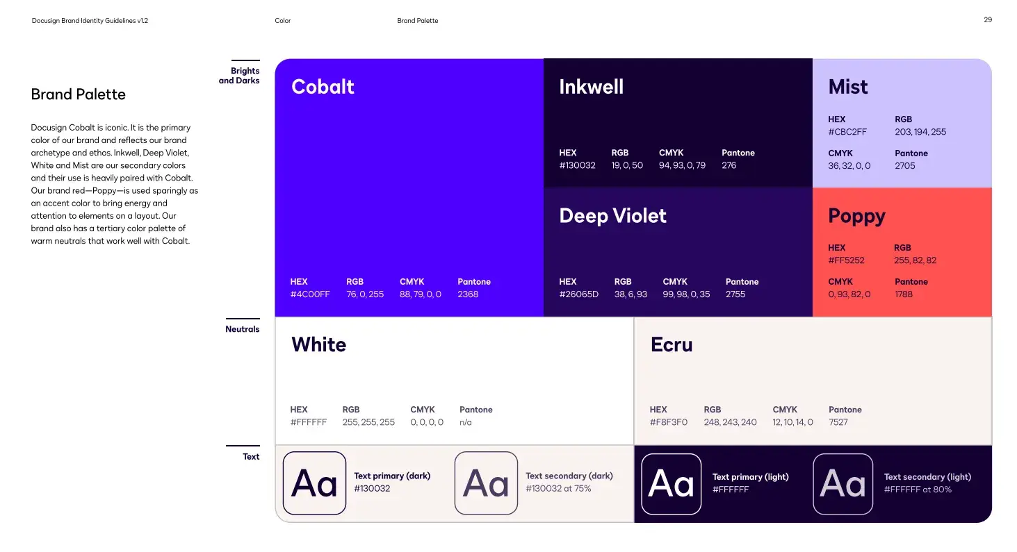 docusign’s color palette for its brand style guide