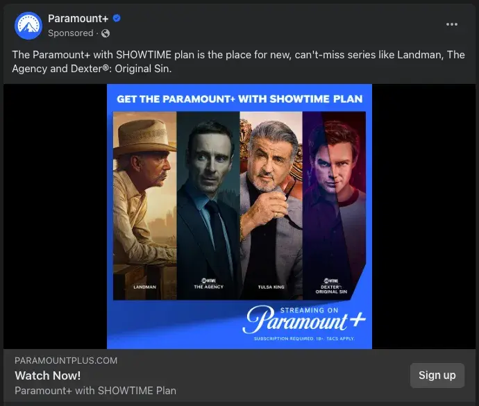 paramount+ ad on facebook with a “sign up” cta button.