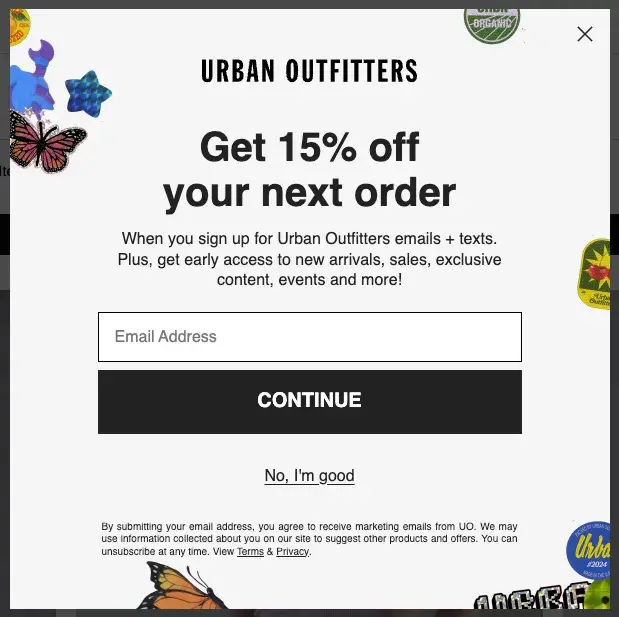 urban outfitters form cta entices shoppers with a discount if they submit their email address.