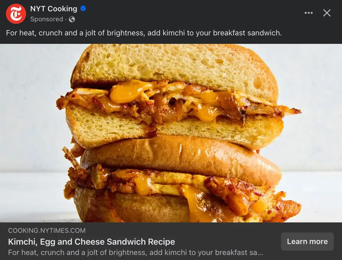 new york times cooking facebook cta example.