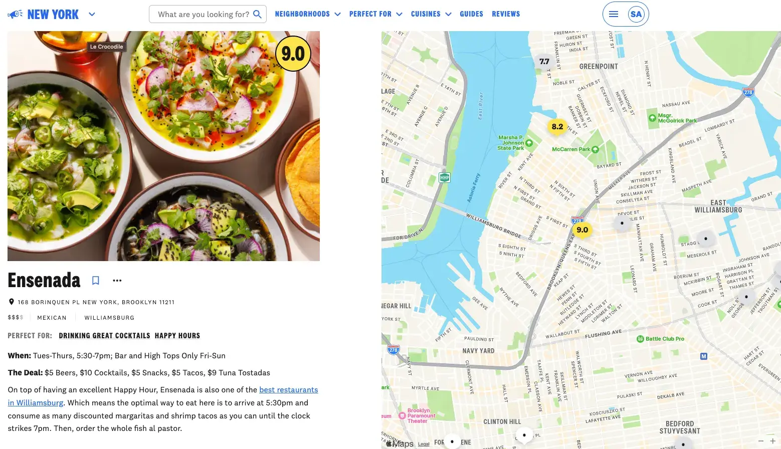 the infatuation’s guide to “the best happy hours in brooklyn” includes a contextual link cta to a related guide: “the best restaurants in williamsburg.”