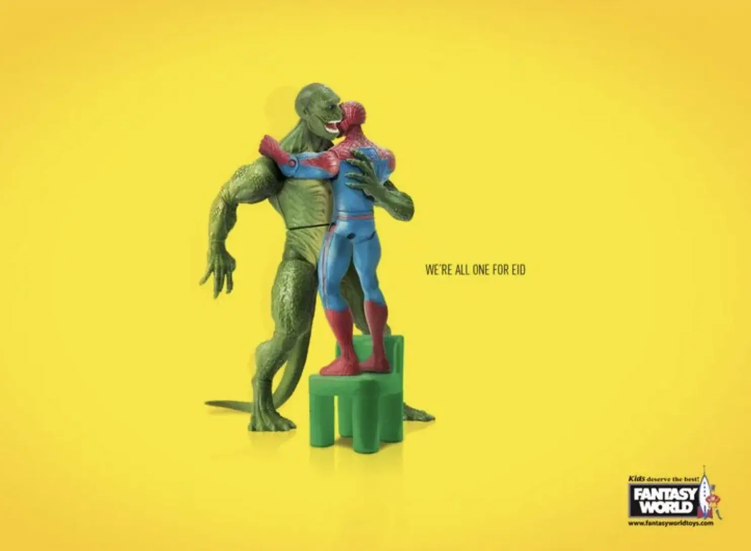 Ad from Fantasy World showing Spider-Man hugging his nemesis, Lizard, in celebration of Eid. 
