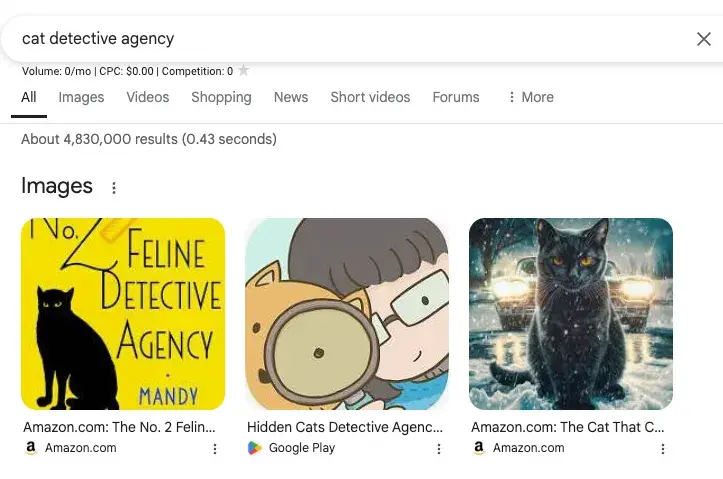 screen grab of cat detective agency seo research