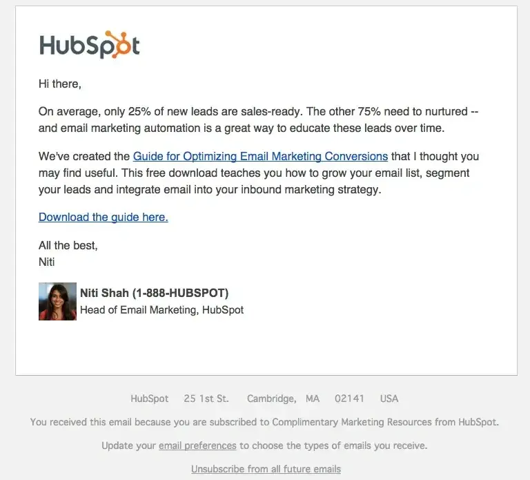 lead nurturing email example, hubspot