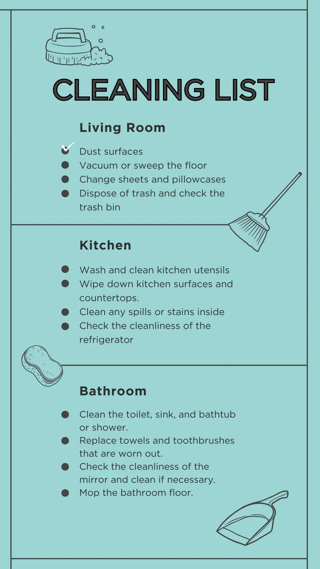 canva template of a cleaning list with simple illustrations of a broom, dustpan, and sponge.