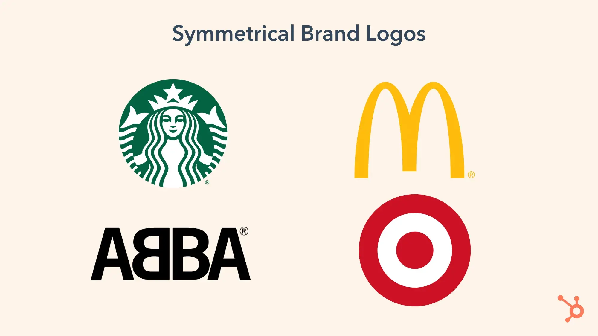 symmetrical brand logos. clockwise, left to right: starbucks logo, mcdonald’s logo, target logo, abba logo.