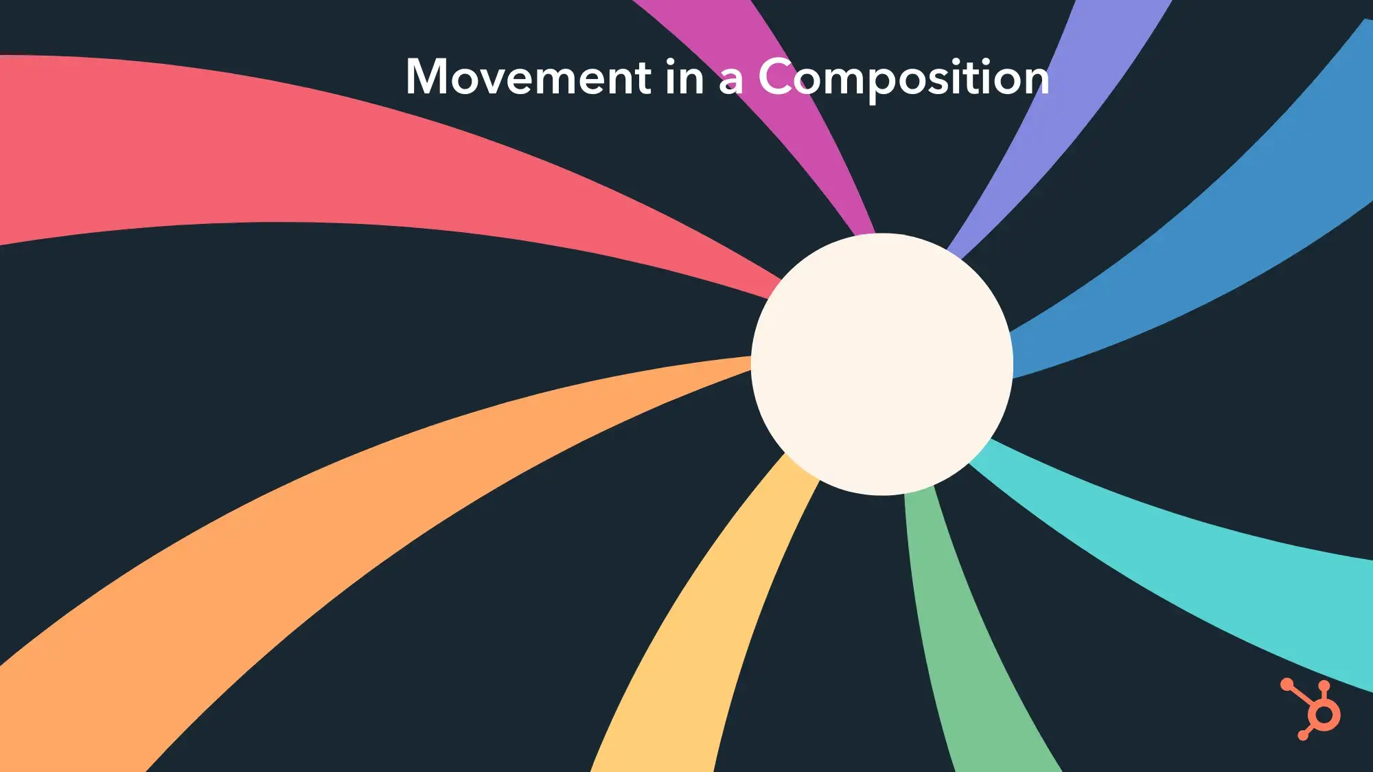 movement in a composition. a white circle has wavy rainbow lines emanating from it to illustrate movement.