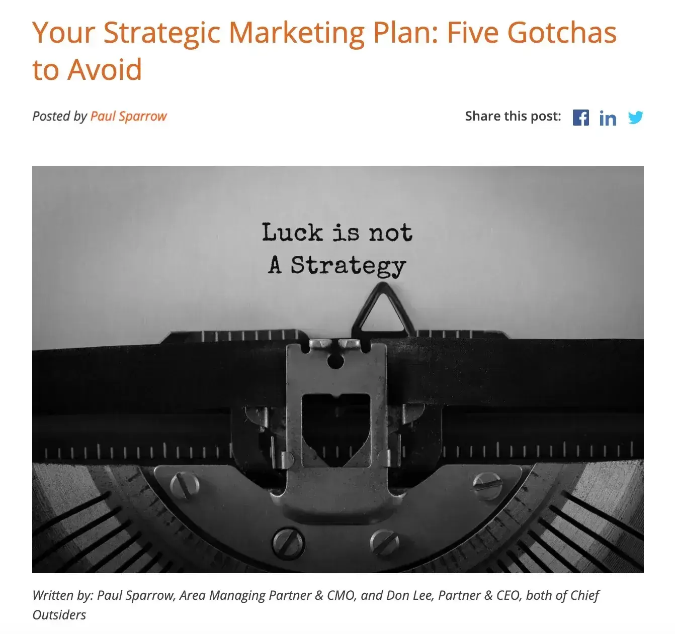 marketing plan, strategic marketing plan, paul sparrow, chief outsiders
