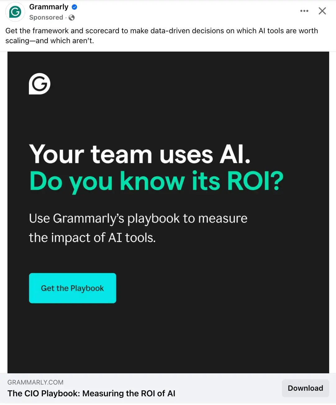social media marketing, grammarly ad on facebook