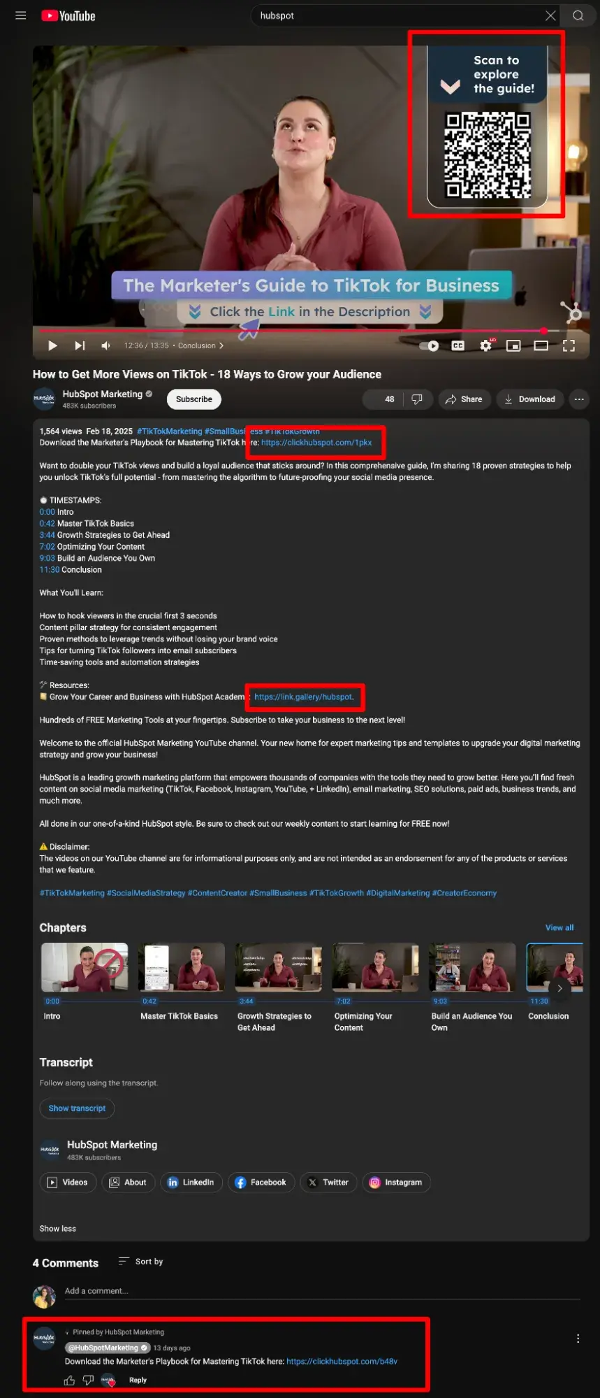 screenshot showing different places you can put links on youtube