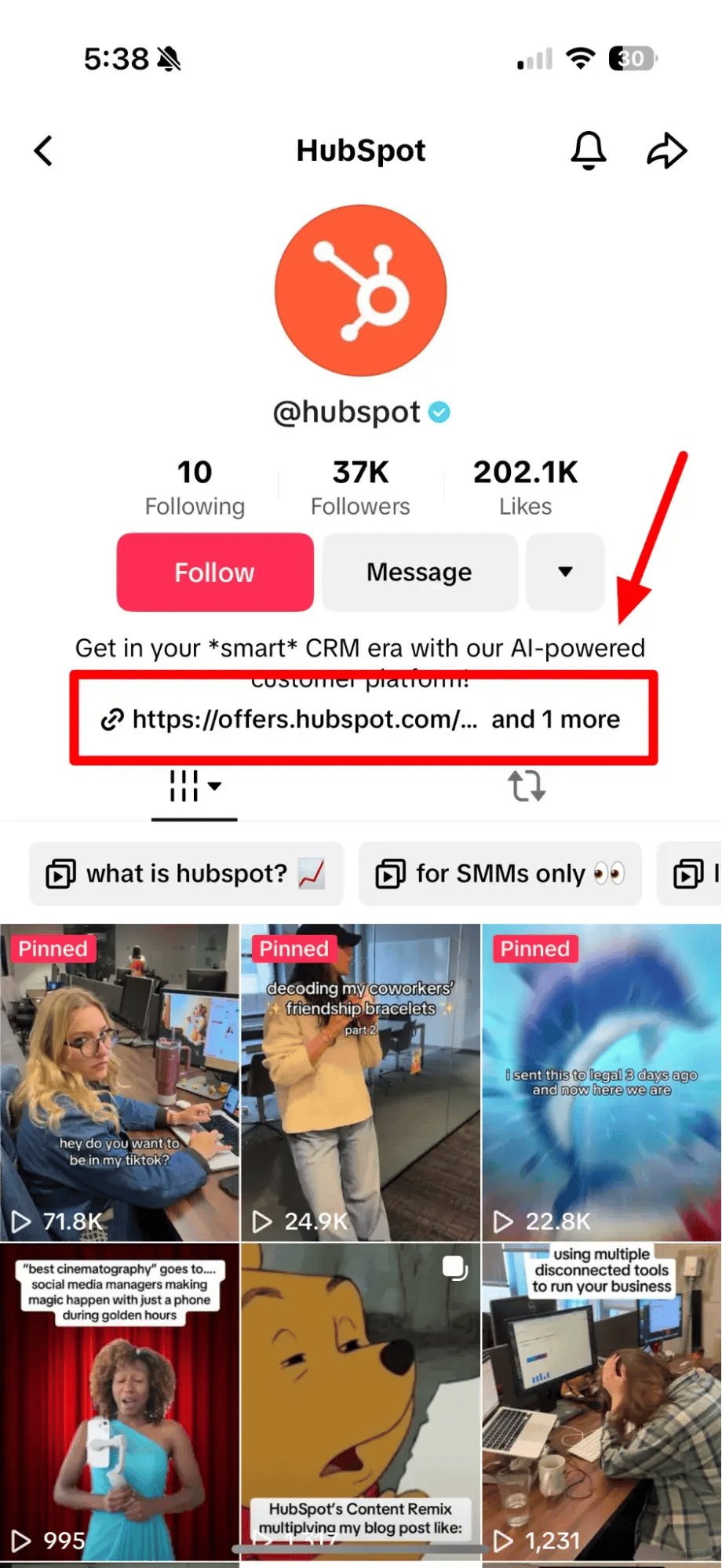 screenshot showing different places you can put links on tiktok
