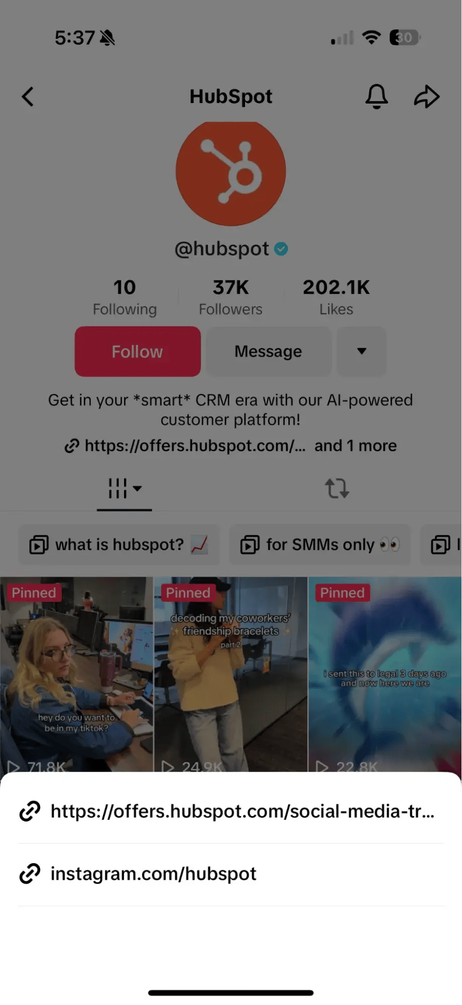 screenshot showing different places you can put links on tiktok