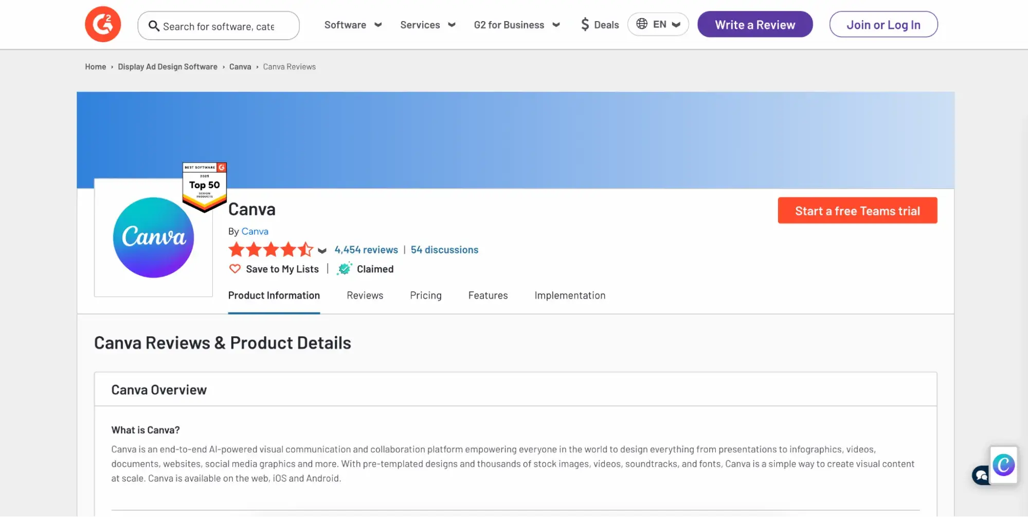 screenshot of canva’s product review page on g2