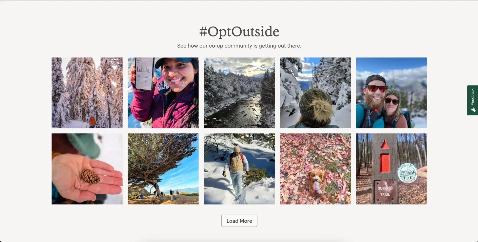 screenshot showing the #optoutside hashtag ugc highlights on rei’s website
