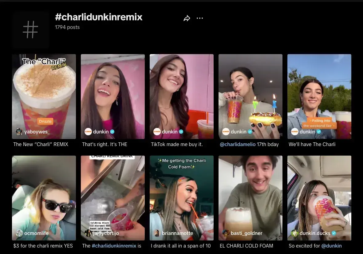 ugc results of the #charlidunkinremix hashtag on tiktok.