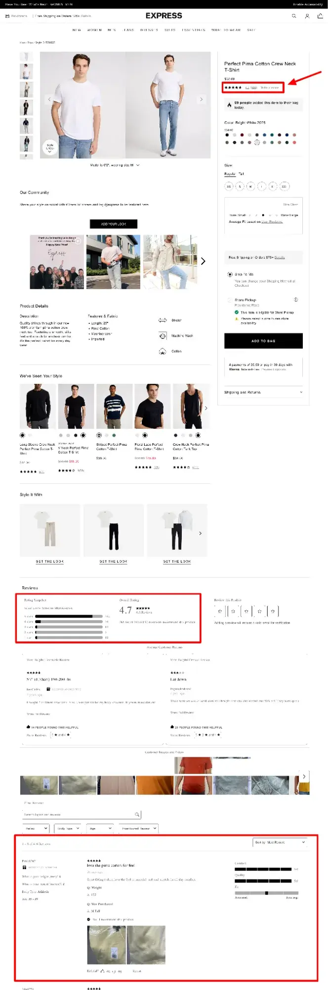 screenshot highlighting the product reviews on express’s product pages