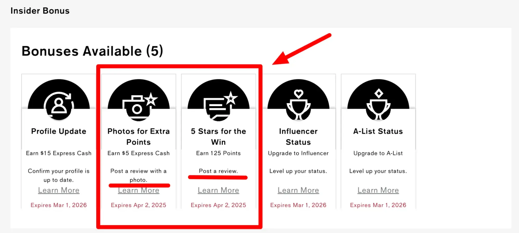 screenshot showing how express incentivizes ugc product reviews in its insider loyalty program.