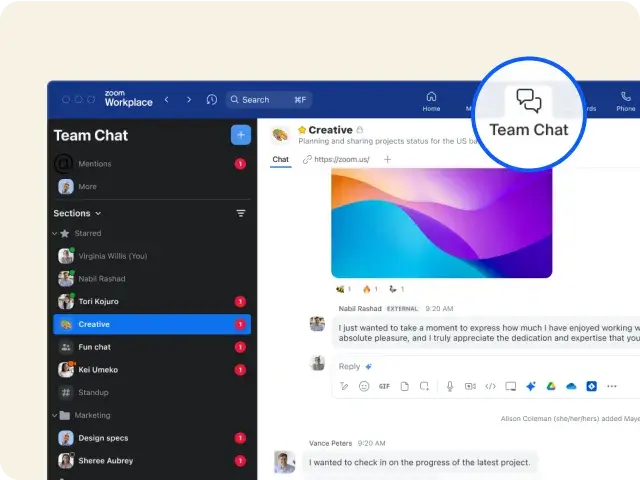 team collaboration, zoom workplace interface showing the team chat feature with messaging, file sharing, and project updates across chat channels.
