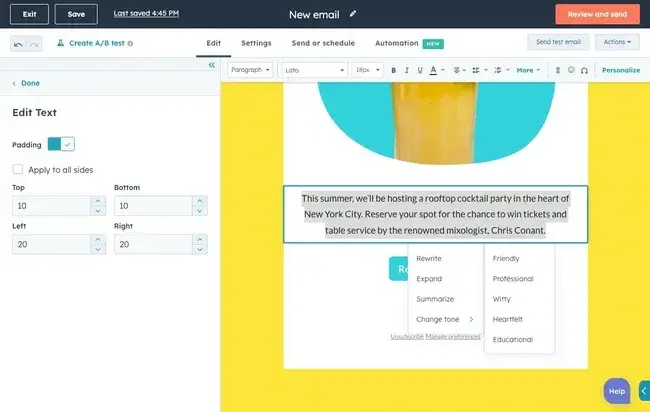 hubspot content assistant helping to make marketing email campaign