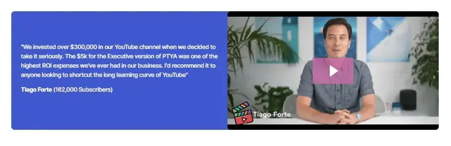 landing page examples: part-time youtuber academy testimonial