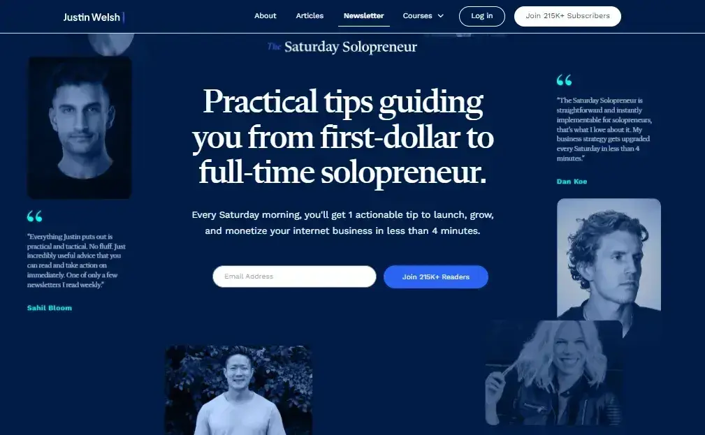 landing page examples: justin welsh
