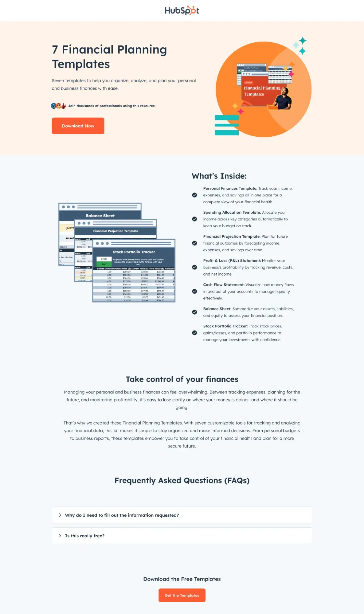 landing page examples: hubspot’s financial planning templates