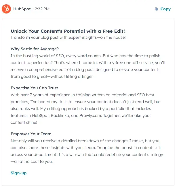 cold marketing email example from hubspot’s ai cold email generator