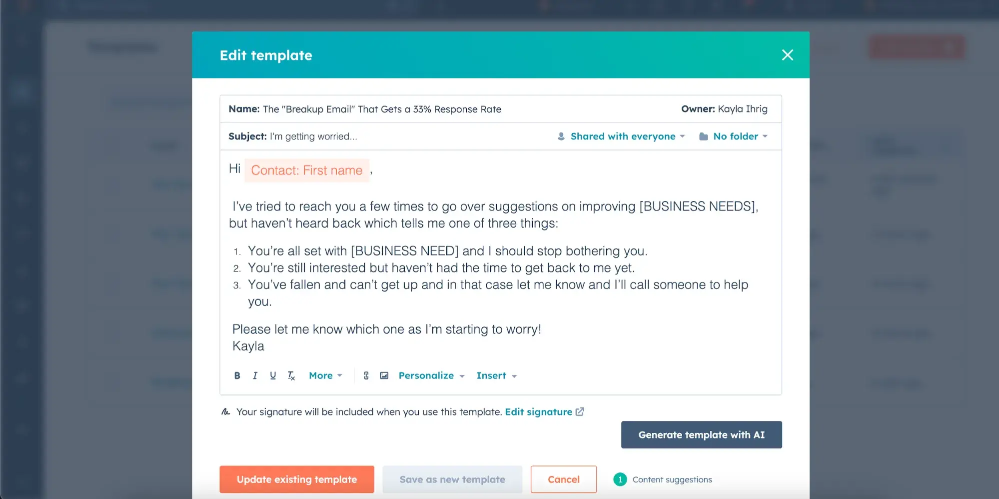 ideal email length: 91-word-long sales email template from hubspot