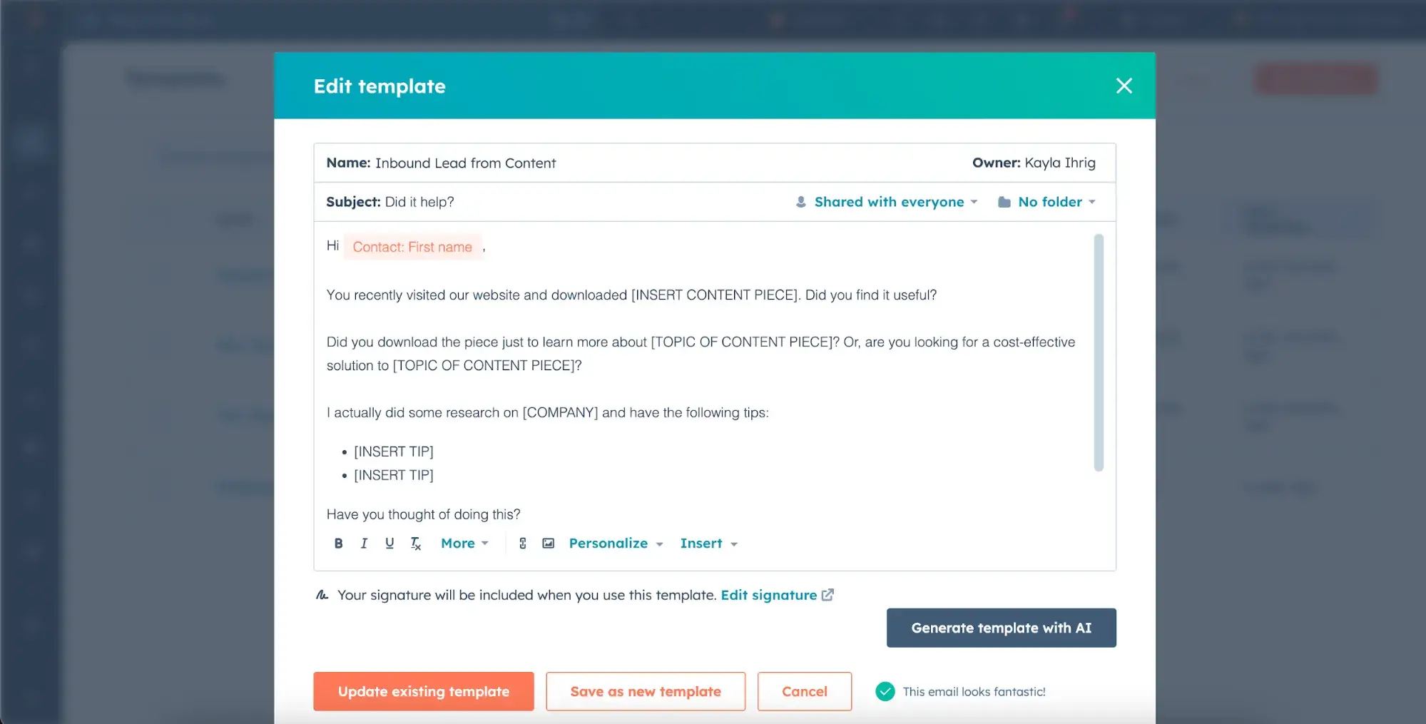 ideal email length: 100-word-long sales email template from hubspot