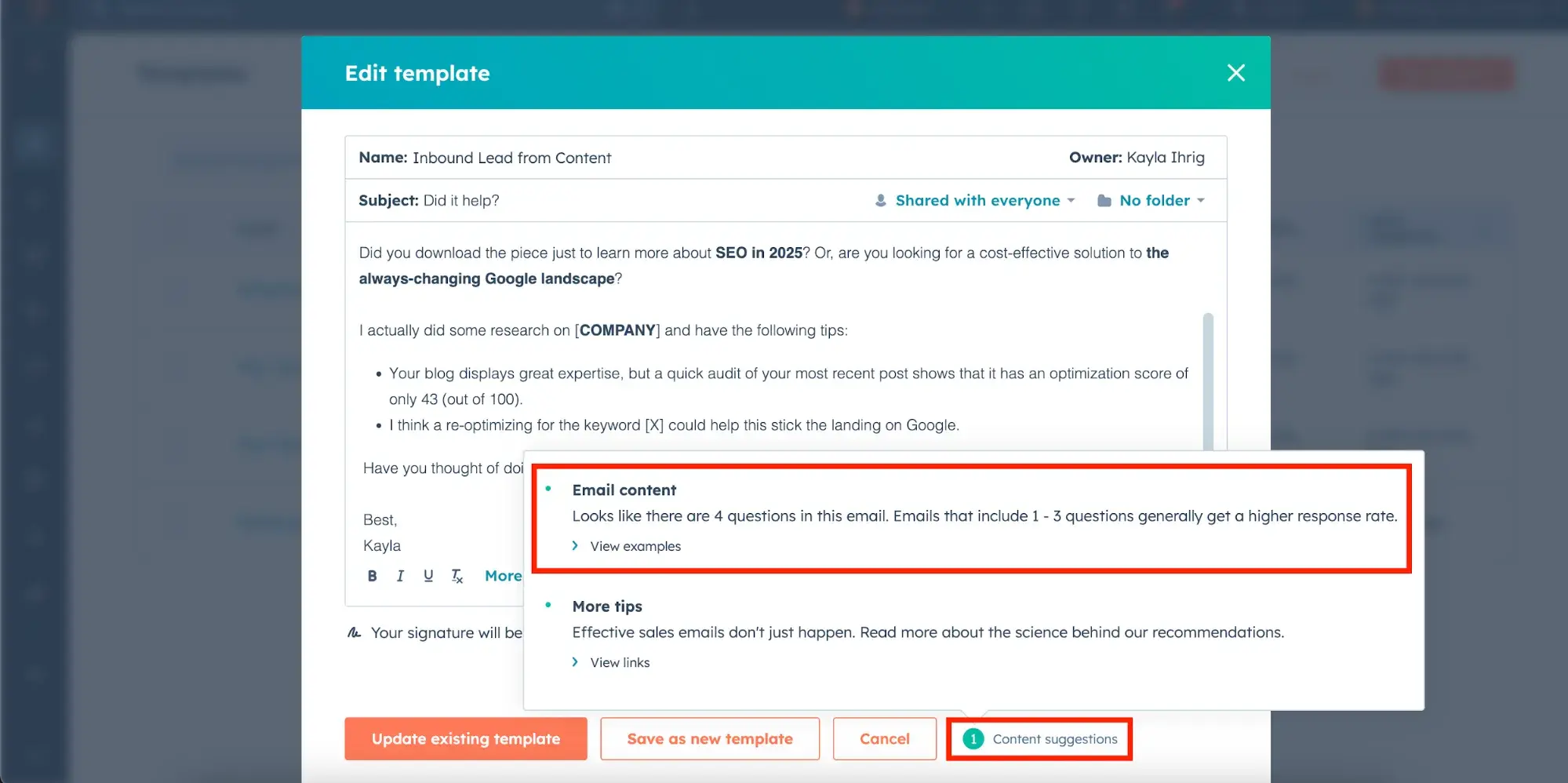 ideal email length best practices: email content tip inside hubspot email template builder