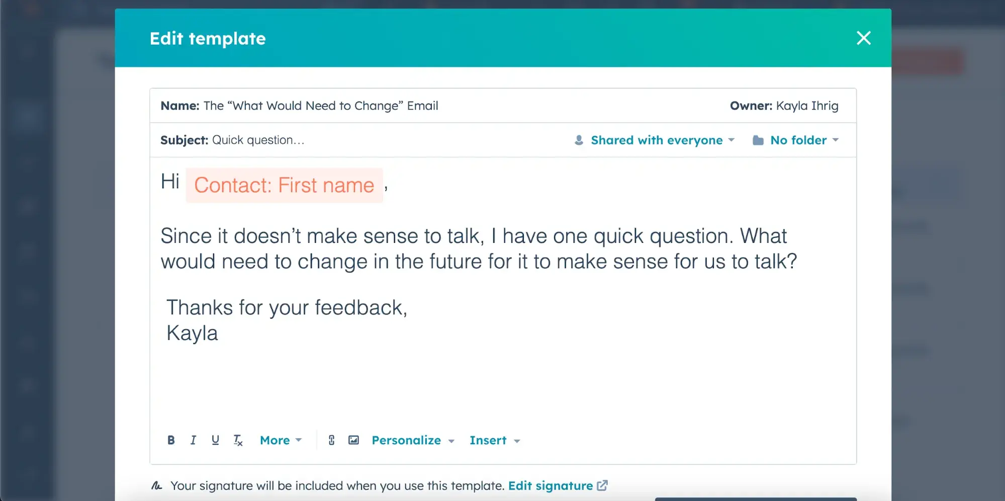 ideal email length: 36-word-long sales email template from hubspot